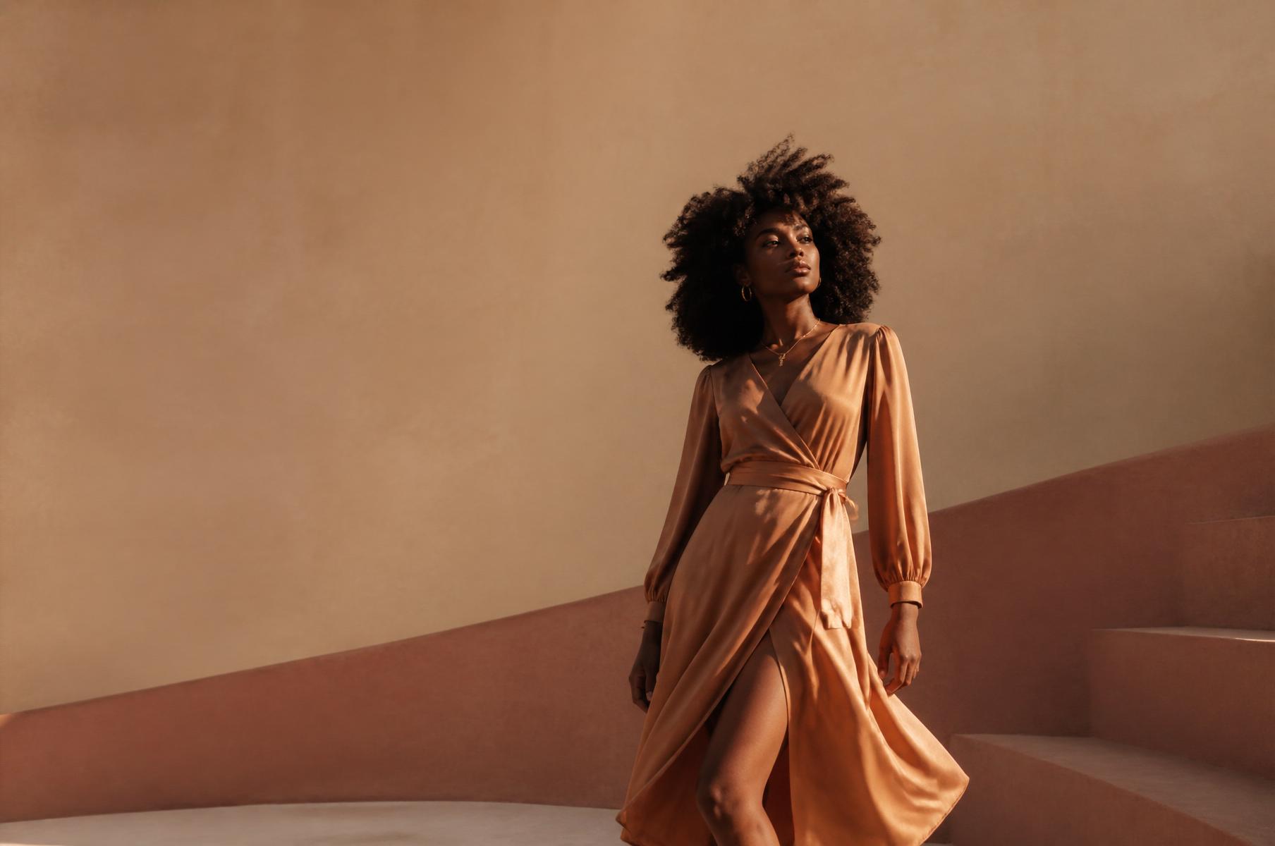 Mulher negra de cabelo cacheado em vestido elegante